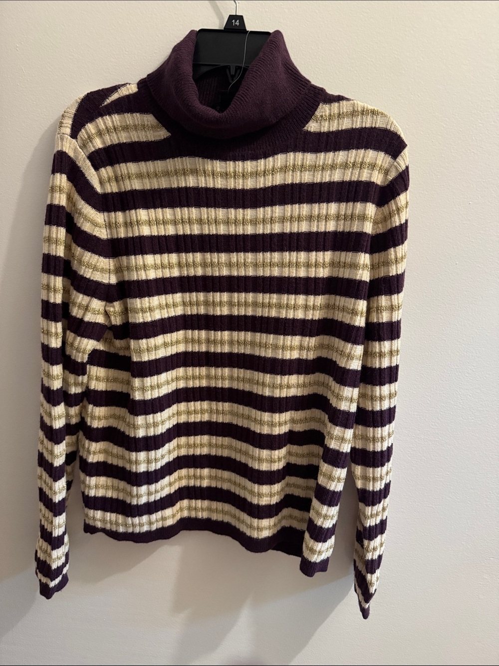 Ann Taylor Striped Cowl Neck Sweater in Cream and Deep Purple